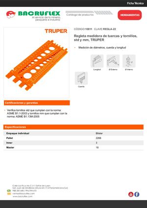 Regleta medidora de tuercas y tornillos, std y mm, TRUPER Bacruflex 10811