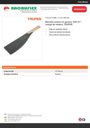 Machete cañero sin gancho 1001 21", mango de madera, TRUPER Bacruflex 11946