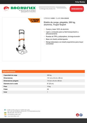Diablo de carga, plegable, 200 kg, aluminio, Truper Expert Bacruflex 14090