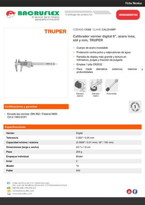 Calibrador vernier digital 6", acero inox, std y mm, TRUPER Bacruflex 14388