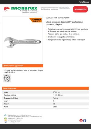 Llave ajustable (perico) 8" profesional cromada, Truper Expert Bacruflex 15506
