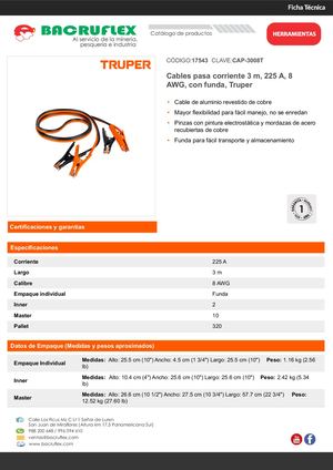 Cables pasa corriente 3 m, 225 A, 8 AWG, con funda, Truper Bacruflex 17543