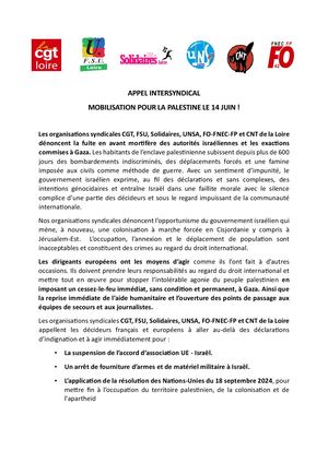 Palestine Appel Rassemblement 14 Juin Loire