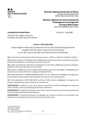 Arrêté préfectoral DDT-2025-739 - réglementation bivouac et baignade