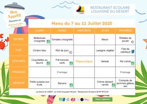 Menus restaurant scolaire - Juillet Août 2025