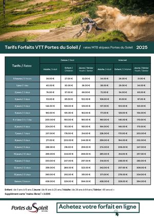 Tableau Prix Forfaits VTT Avoriaz Et PDS 2025