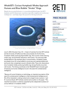 WhaleSETI: Curious Humpback Whales Approach Humans and Blow Bubble “Smoke” Rings - Press Release
