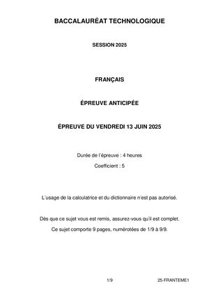 Sujets bac français technologique 2025