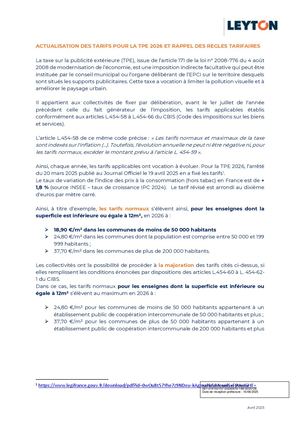 AR DEL 189 2025 Annexe Révision Tarifs TLPE 2026