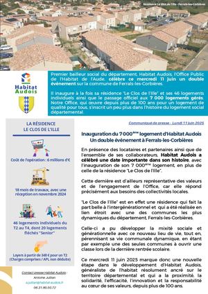 Communiqué Habitat Audois | Inauguration 7000e logement et résidence Clos De L'ille