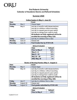 Summer 2026 Calendar & Refund Schedule