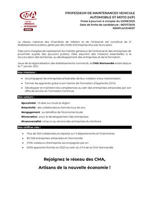 Offre Professeur Maintenance Auto Et Moto Cifac