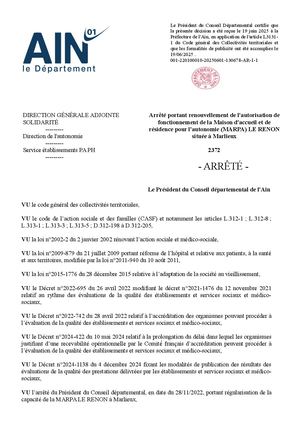 Arrêté Portant Renouvellement De L'autorisation De Fonctionnement De La Maison D'accueil Et De Résidence Pour L'autonomie (MARPA) LE RENON Située à Marlieux