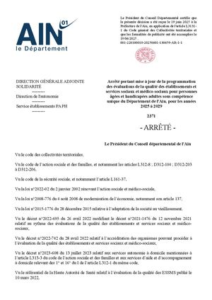 Arrêté Portant Mise à Jour De La Prog. Des éval. De La Qualité Des Ets Et Services Sociaux Et Médico Sociaux Pour Personnes âgées Et Handicapées Adultes Sous Compétence Unique Du Dépt De L'Ain, Pour Les Années 2025 à 2029