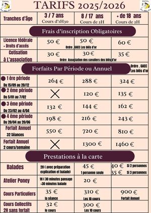 Tarifs 2025 - 2026 - Les blés d'or