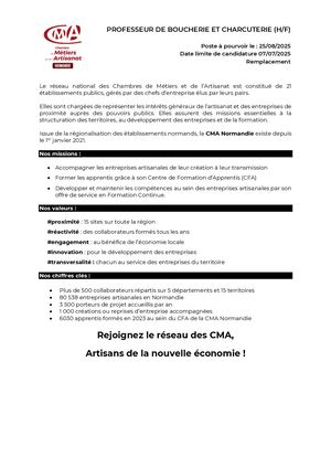 Offre Professeur De Boucherie Et Charcuterie Dieppe