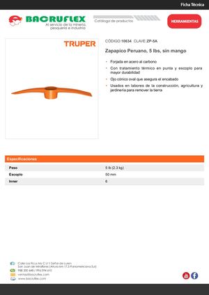 Zapapico Peruano, 5 lbs, sin mango, Truper Bacruflex 10634