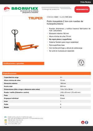 Patín traspaleta 2t con ruedas de hule/poliuretano, Truper Bacruflex 15081