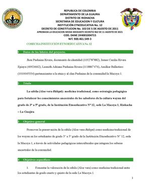 La sábila (Aloe vera-Rülepü): medicina tradicional, como estrategia pedagógica para fortalecer los conocimientos en los estudiantes del grado de 3° a 5° grado, de la Institución Etnoeducativo N° 12, sede La Macoya 1, Riohacha – La Guajira.