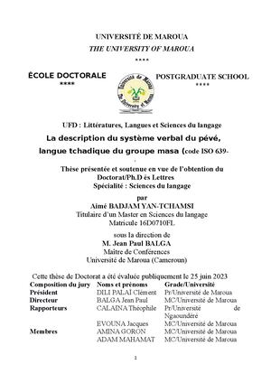 La description du système verbal du pévé, langue tchadique du groupe Masa, code ISO 639-3