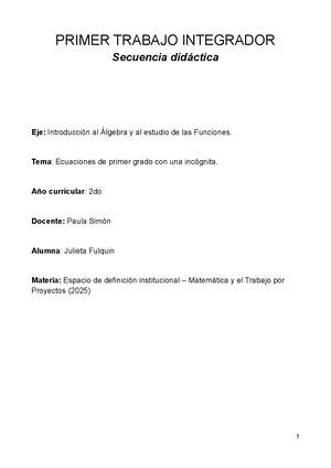 Secuencia Didáctica Ecuaciones de primer grado con una incógnita