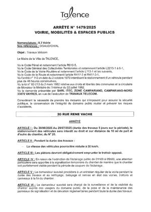 Arrêté N°1479 2025 Interdiction De Stationner 20 Rue René Vache Du 30 06 Au 29 07 2025 Tx Publié Le 24 06 2025