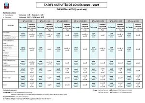 Tarifs Activités 2025 2026