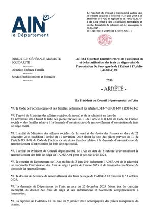 Arrete Portant Renouvellement De L'autorisation Et De La Tarification Des Frais Du Siège Social De L'association De Sauvegarde De L'enfant à L'adulte Adsea) 01