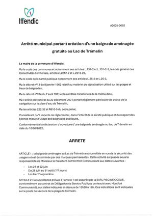 Arrêté Baignade - Lac de Trémelin - été 202