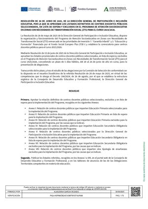 Resolución De 30 De Junio De 2025 Por La Que Se Aprueban Los Listados Definitivos De Centros Públicos Seleccionados Zts 2025 26