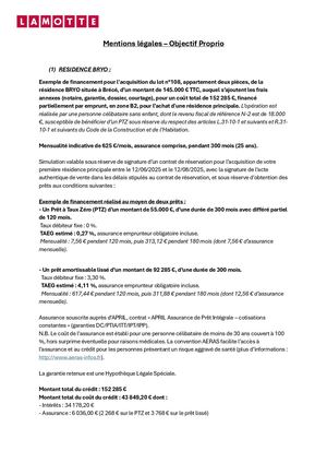 Mensualités "Objectif Proprio" - Mentions Légales - Lamotte