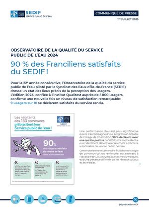 Communiqué de presse | Observatoire 2024 de la qualité : 90 % des Franciliens satisfaits du SEDIF !