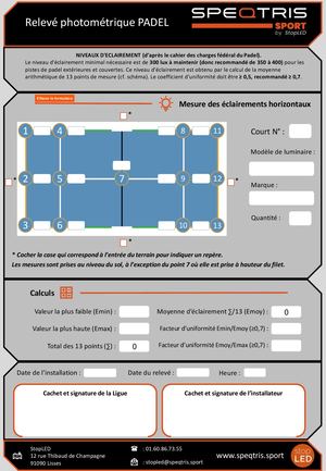 Relevé éclairage Padel-tennis Speqtris Sport