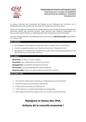 Offre Professeur D'arts Appliqués Cifac