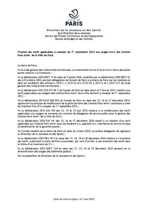 Arrêté 1 2024-1 - Fixation des tarifs applicables à compter du 1er septembre 2024 aux usager.ère.s des Centres Paris Anim’ de la Ville de Paris