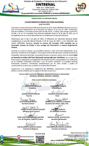 Comunicado sobre levantamiento del paro de Sintrenal