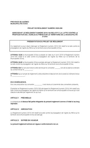 Projet de règlement 2025-298 Abrogeant le Règlement 2016-144 relatif à la lutte contre l'agrile du frêne