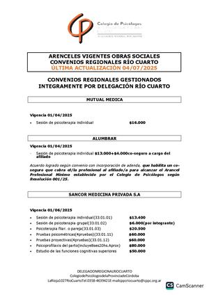 Aranceles Vigentes Convenios Regionales Rio Cuarto Julio 2025
