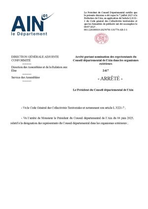 Arrêté Portant Nomination Des Représentants Du Conseil Départemental De L'ain Dans Les Organismes Extérieurs 072025