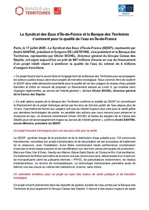 Communiqué de presse | Le Syndicat des Eaux d’Île-de-France et la Banque des Territoires s’unissent pour la qualité de l’eau en Île-de-France