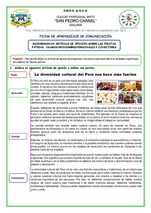 Ficha De Trabajo Escritura Articulo De Opinion Realizada 6to De Primaria