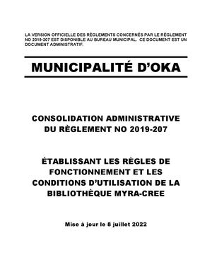 Consolidation Administrative Règlement 2019 207 Bibliothèque Myra Cree