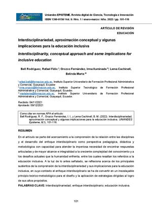 Interdisciplinariedad, aproximación conceptual y algunas implicaciones para la educación inclusiva