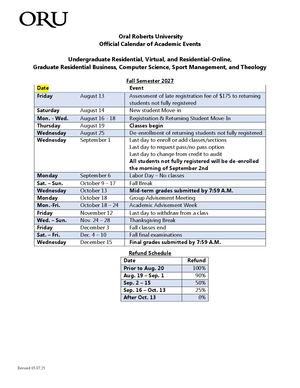 Fall 2027 - Spring 2028 Residential & Virtual Academic Calendar & Refund Schedule