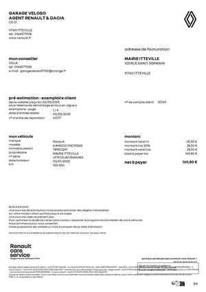 AR DEL 239 2025 - Annexe Bon De Commande VELOSO - Révision Kangoo Immatriculé 789 ECQ 91