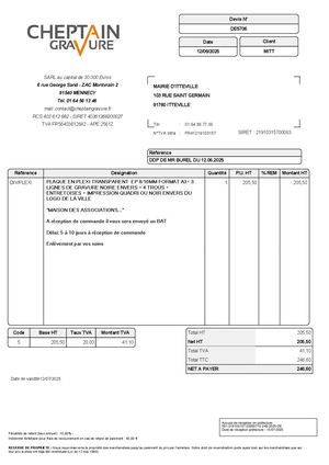 AR DEL 249 2025 Annexe Bon De Commande CHEPTAIN GRAVURE - Plaque Bernard Autrive