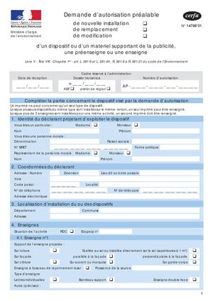 Demande Autorisation Prealable Publicité Enseigne Cerfa 14798 01