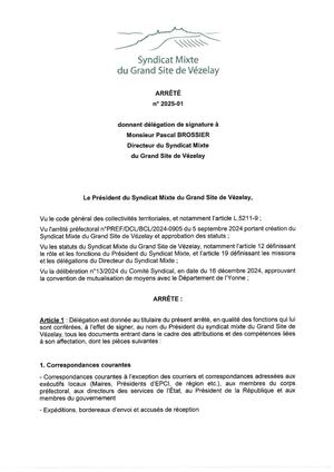 arrêté de délégation signature du Président au Directeur du Syndicat Mixte du Grand Site de Vézelay