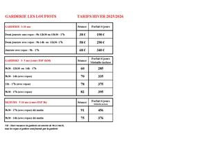 Tarifs Loupiots 2025 2026