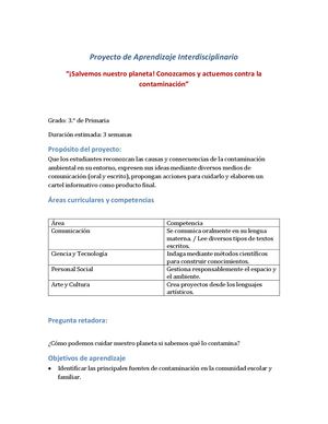 Proyecto Aprendizaje Contaminacion 3ro Primaria